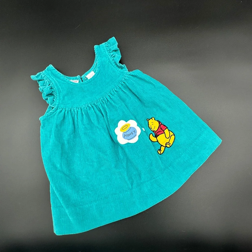 Disney Winnie the Pooh Teal Corduroy Ruffle Sleeve Dress 2T VTG